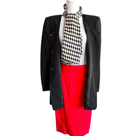 BICCI Florine Wachter VNTG Black Red Skirt/Blazer/Scarf Suit Gold Accents Sz 8 - Picture 7 of 16